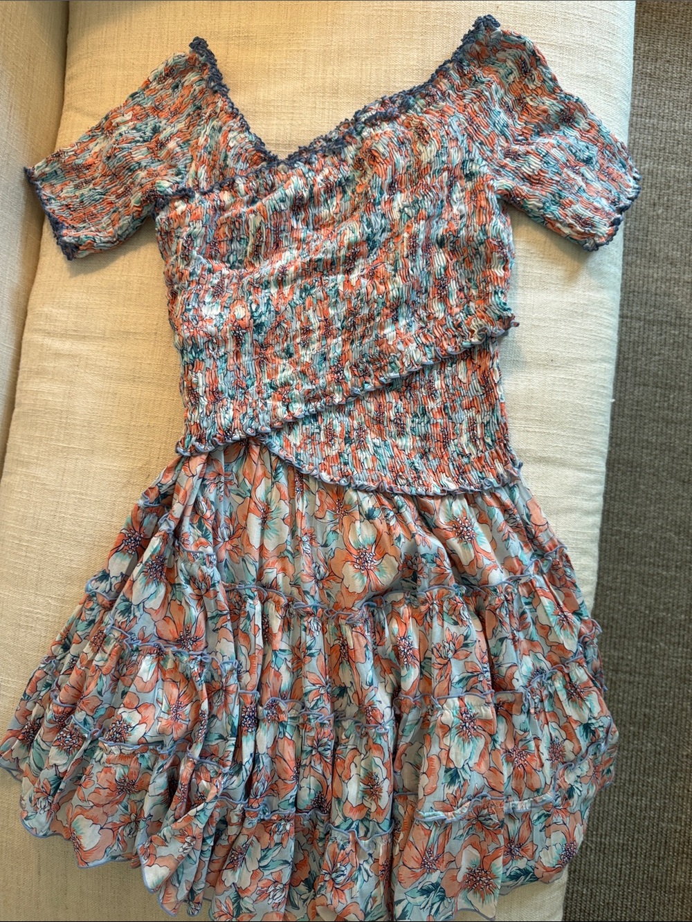 Poupette St. Barth Coral and Aqua Smocked Floral Tiered Dress